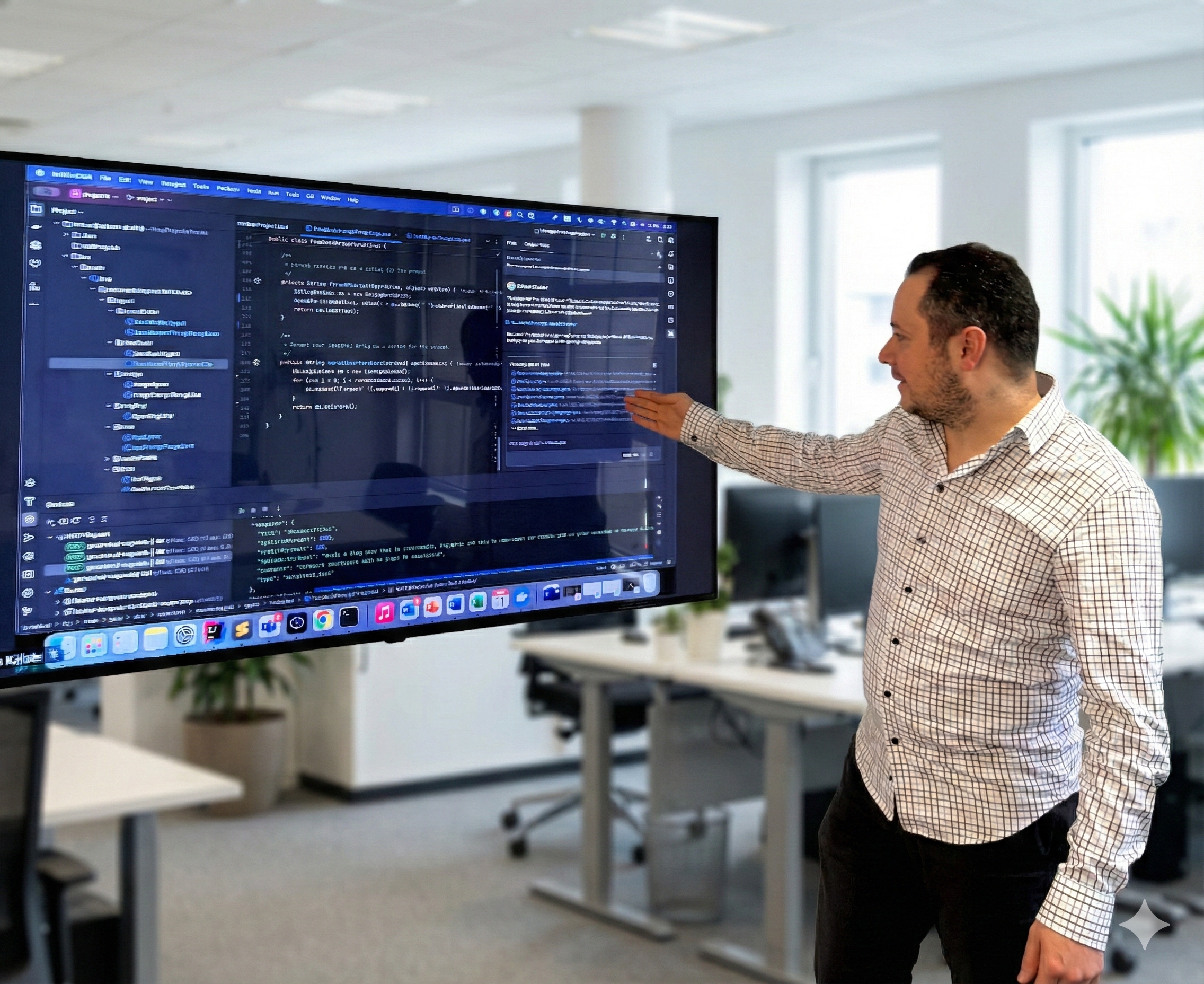 Mann erklärt Programmiercode auf großem Bildschirm in einem modernen Büro.