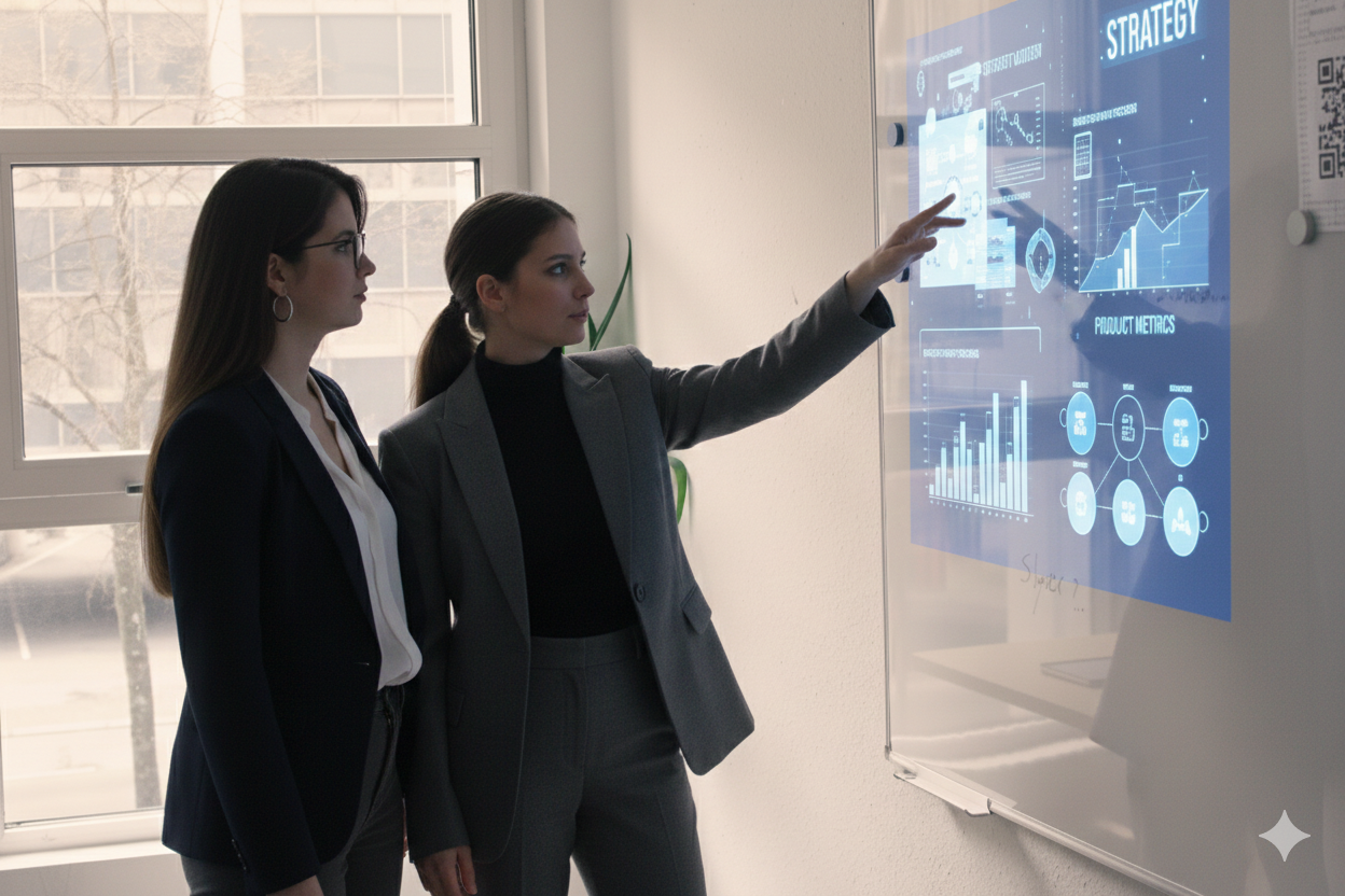 Zwei berufstätige Frauen, eine zeigt auf eine digitale Präsentation mit Diagrammen und Strategiedaten an einer Glaswand.