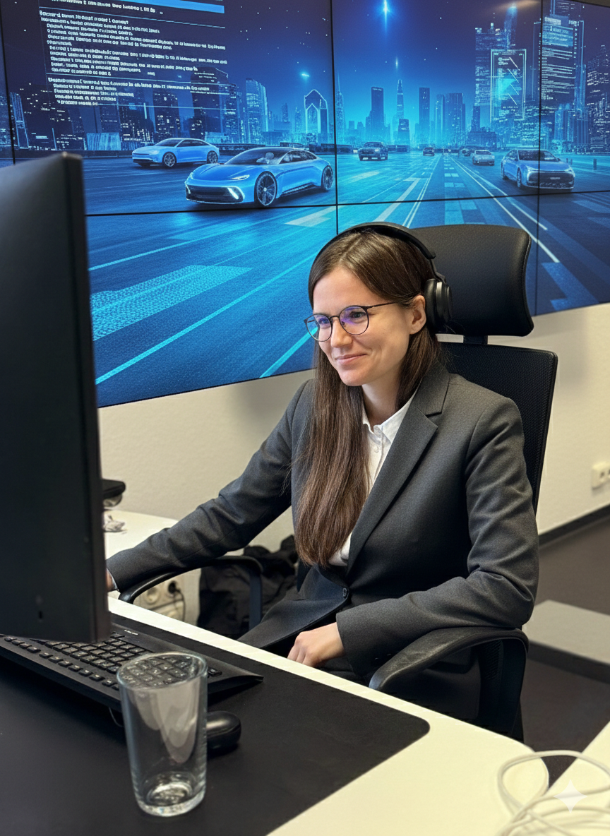 Frau mit Brille und Headset arbeitet an einem Computer vor einer digitalen Anzeige mit futuristischen Autos und Stadtansicht.