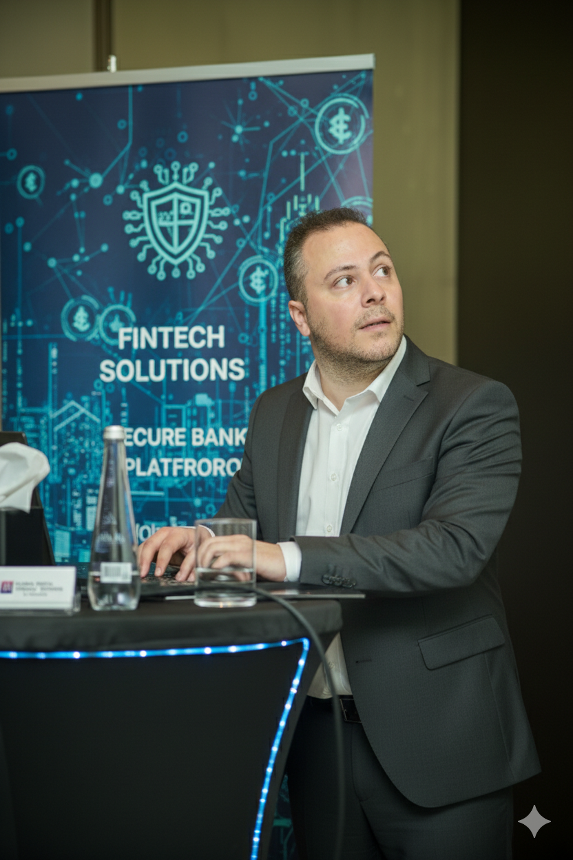 Mann in Anzug arbeitet an einem Laptop vor einem Banner mit Aufschrift ‚Fintech Solutions Secure Bank Platform‘.
