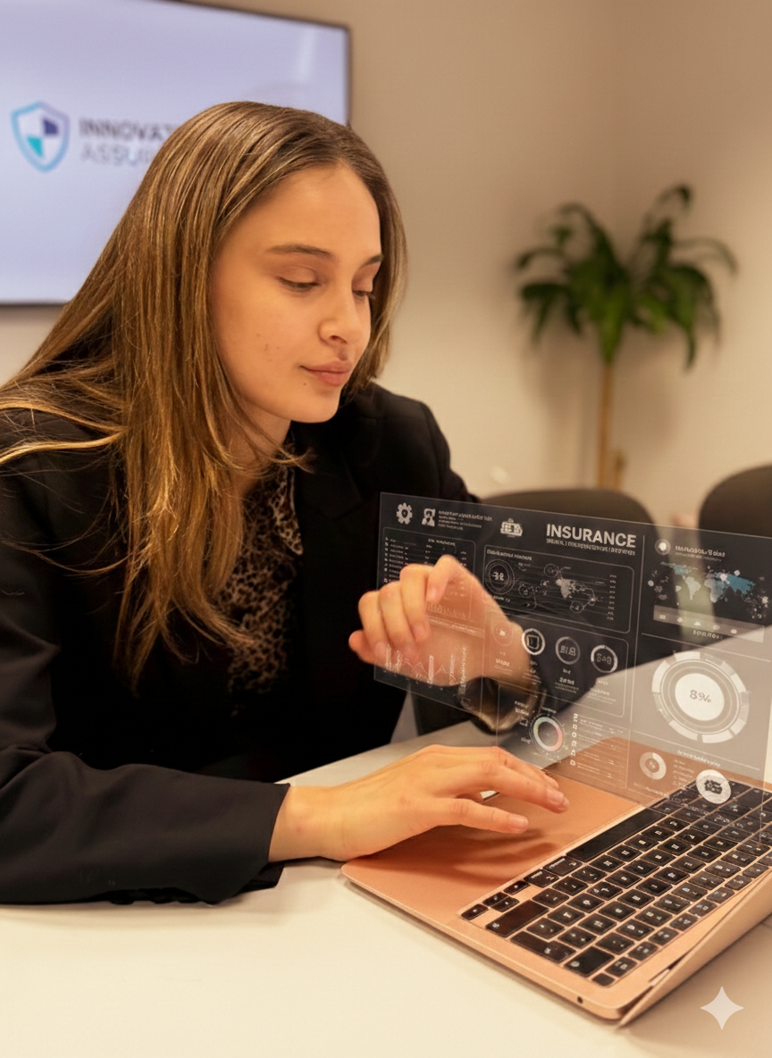 Frau arbeitet an einem Laptop mit transparentem Display, das Versicherungsdaten und Grafiken anzeigt.