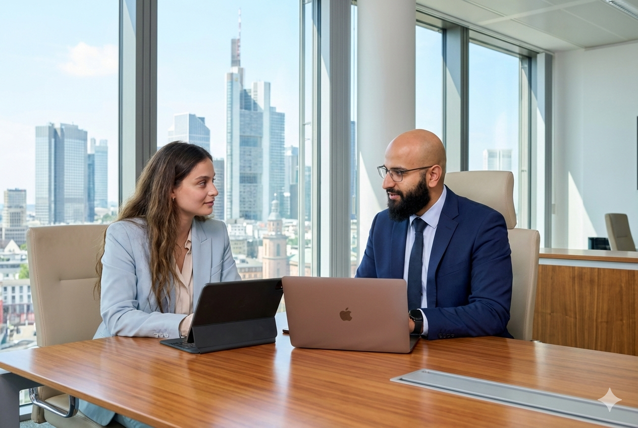 Zwei Geschäftspersonen im Büro mit Blick auf eine Stadtskyline, die an einem Besprechungstisch mit Laptop und Tablet arbeiten.