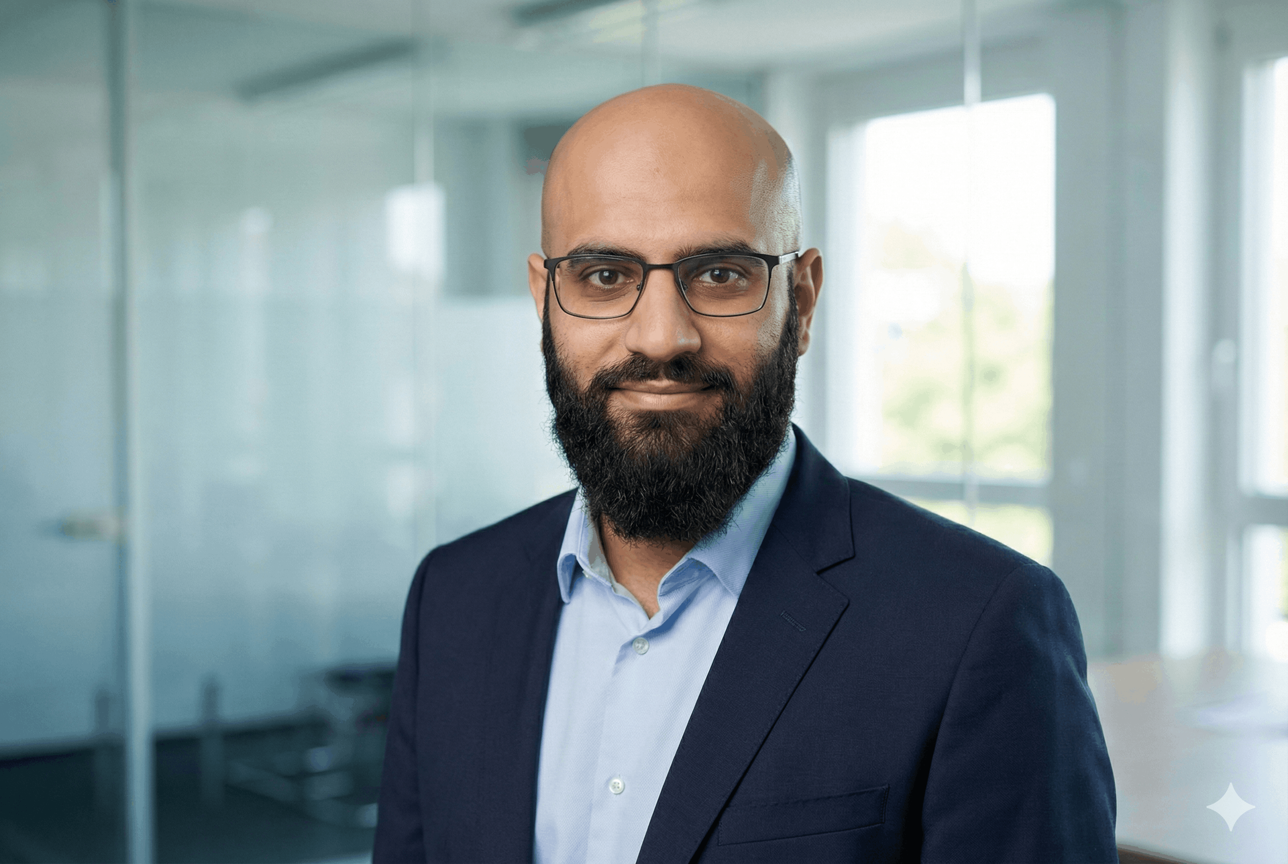 Porträt eines lächelnden Mannes mit Brille, Bart und Glatze in einem dunkelblauen Anzug und hellblauem Hemd in einem modernen Büro.