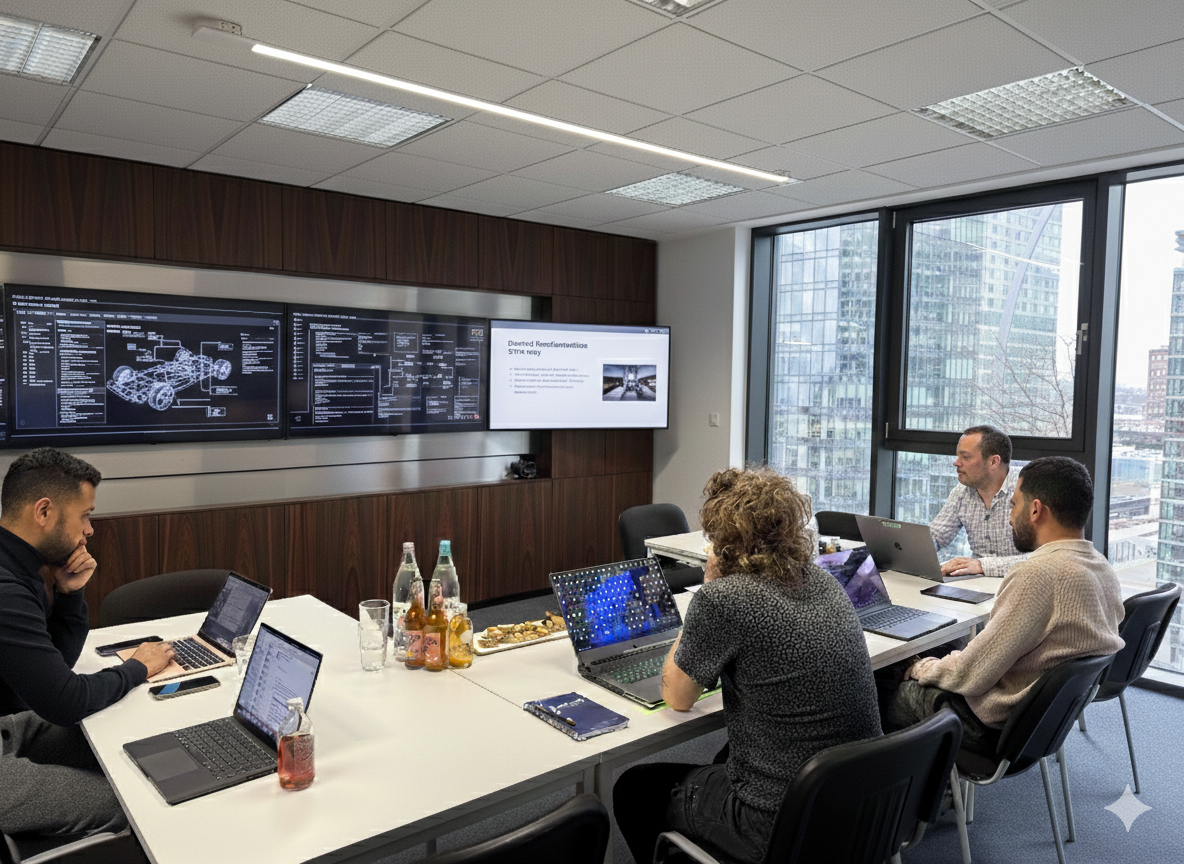 Vier Personen sitzen mit Laptops und Getränken um einen Konferenztisch in einem modernen Büro mit großen Fenstern und drei Bildschirmen an der Wand.