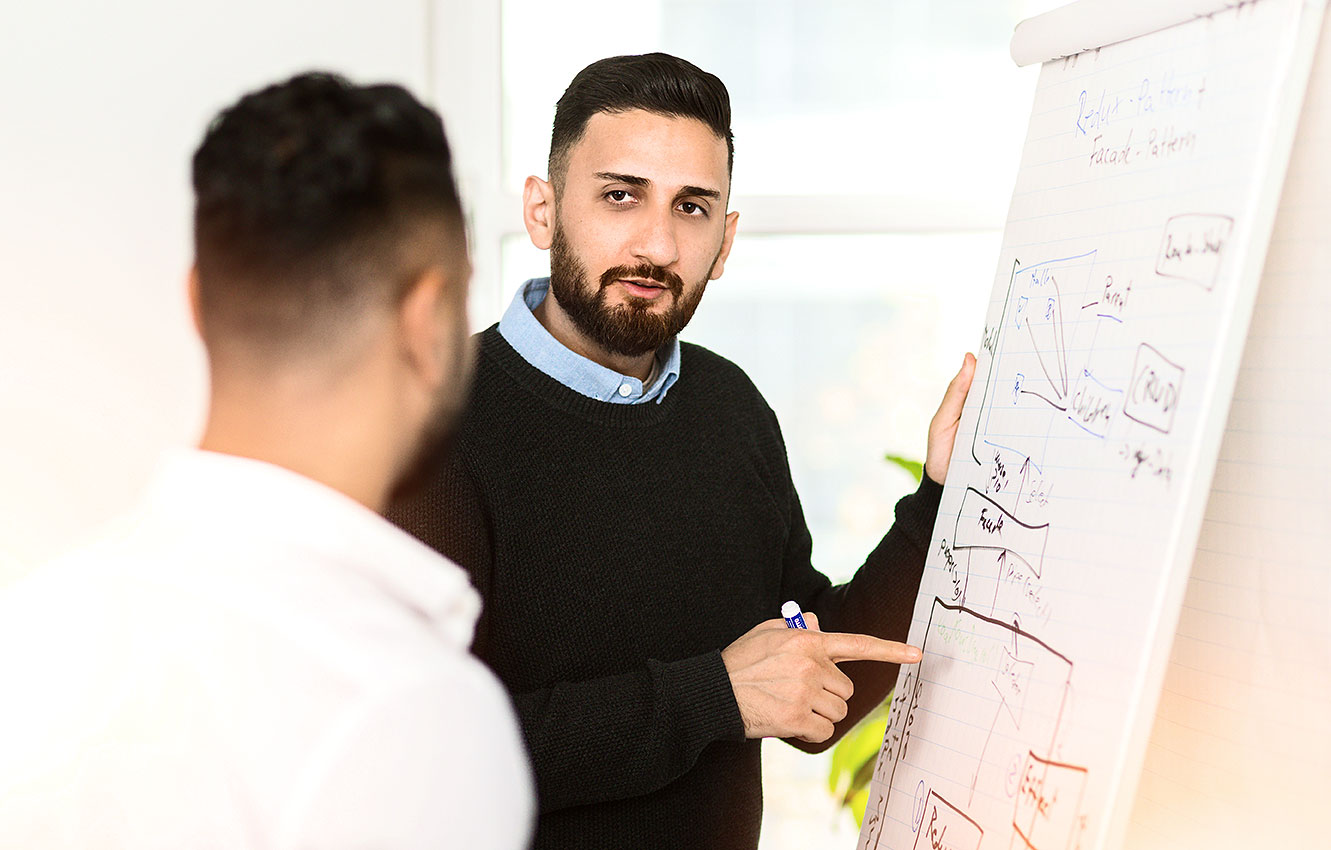 Ein Mann erklärt einem anderen eine Skizze mit Diagrammen auf einem Flipchart.