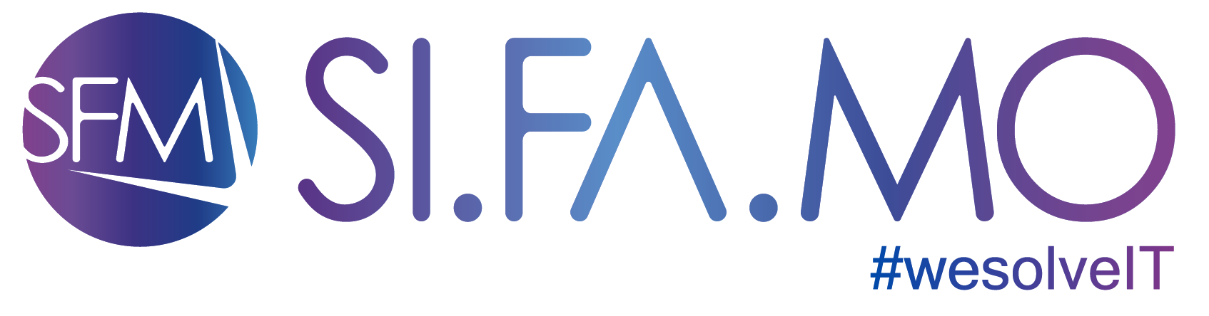 SIFAMO-Logo mit stilisiertem Kreis und den Buchstaben SFM sowie Schriftzug SIFAMO und Hashtag #wesolveIT.