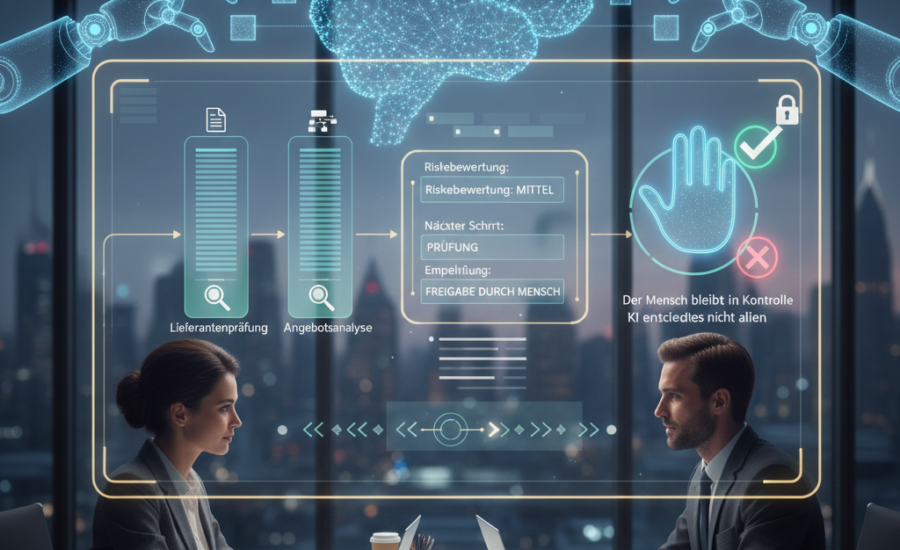 Zwei Geschäftspersonen sitzen sich gegenüber vor einem großen Fenster mit Nachthafenblick, darüber eine digitale Benutzeroberfläche mit Risikobewertung, Angebotsanalyse und einer Handgrafik mit einem grünen Häkchen und rotem Kreuz.